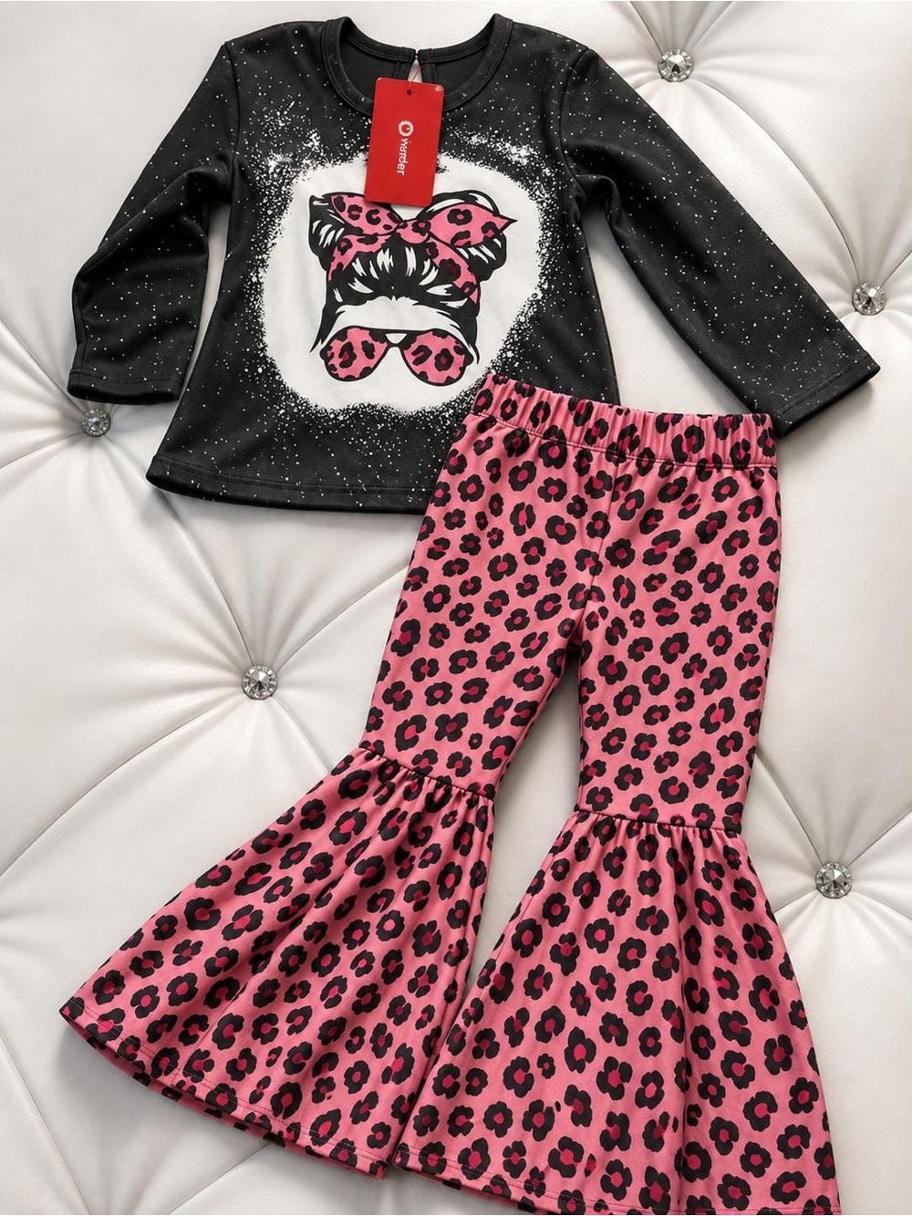Patpat  Black Top with Pink Leopard Ruffle Pants Set